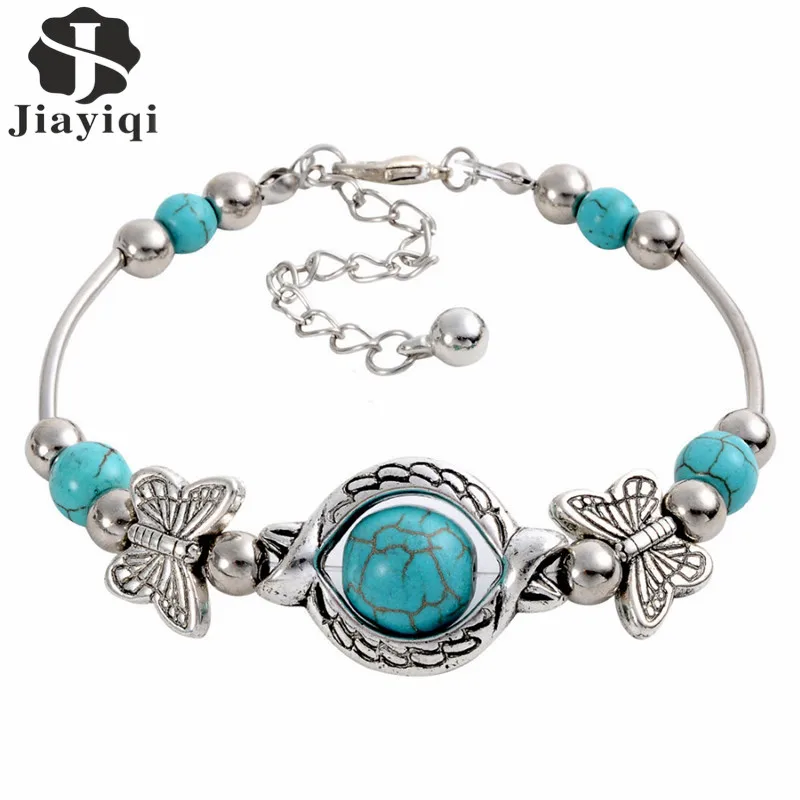 

Fashion Green Stone Stone Bangles&Bracelet Vintage Beads Butterfly Bracelet for Women Silver Color Jewelry Best Gift for Girls