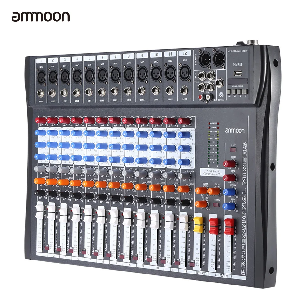 

ammoon 120S-USB 12 Channels Mic Line Audio Mixer Mixing Console USB XLR Input 3-band EQ 48V Phantom Power with Power Adapter