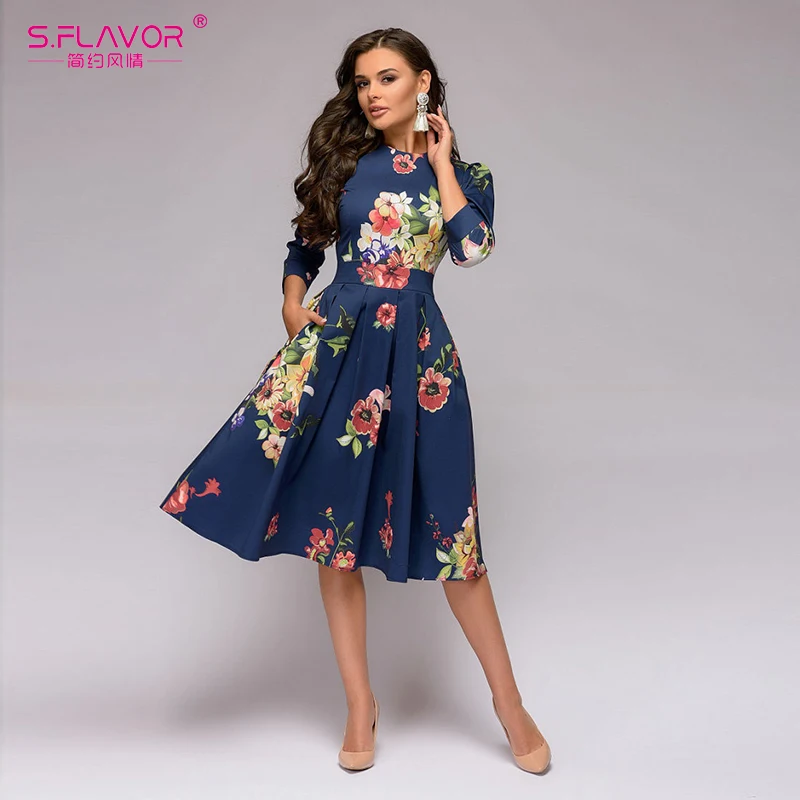 Женское винтажное платье с цветочным принтом S.FLAVOR элегантное облегающее