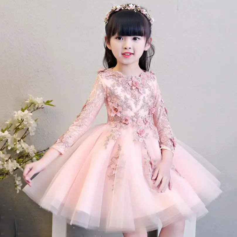 

2019 New Girls Dresses For Wedding Pink Lace Girl Formal Birthday Party Princess Gown First Communion Dress Modis Vestidos Y1504