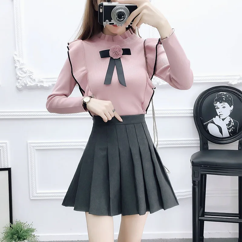

Autumn Outfit Women Pullover Top Sweater & Thickening Pleated Skirts Two-Piece Clothing Set Lady Vestido Knitwear Top Skirt