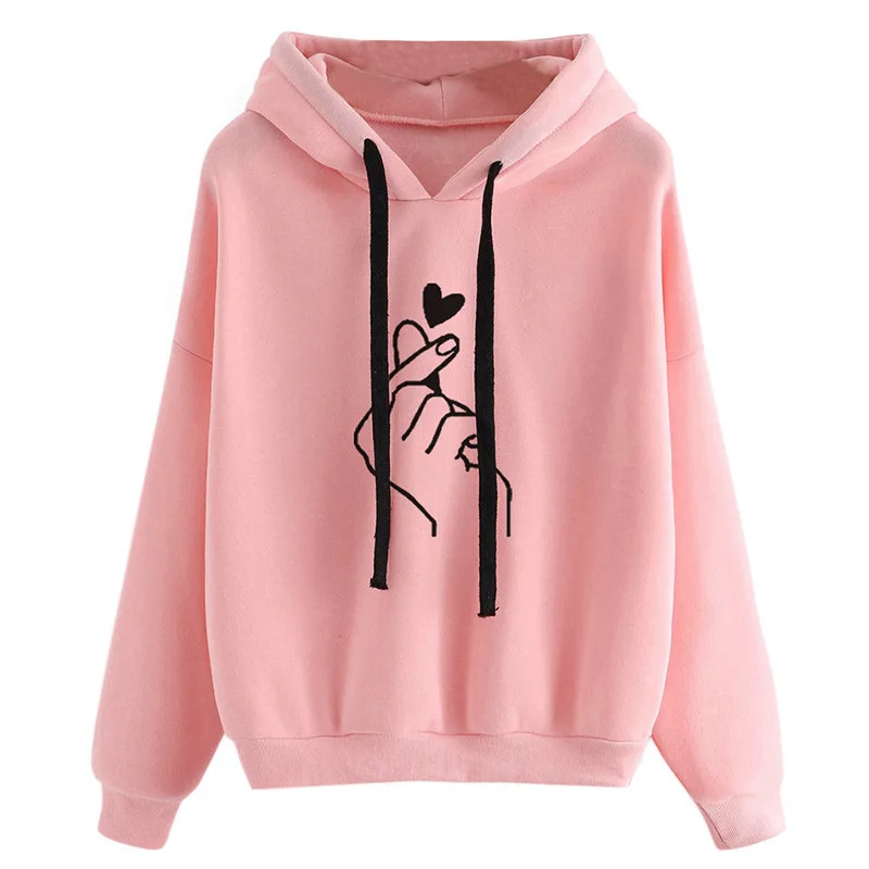 

Harajuku Sweatshirts Hoodies Women 2019 Pink Love Heart Finger Print Hooded Drawstring Long Sleeve Spring Tracksuit Streetwear