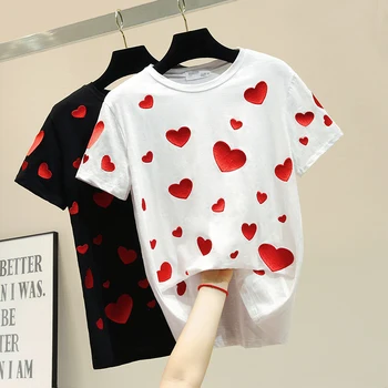 

White Female Tshirts 2019 New Spring Summer Fashion Short Sleeve Basic Top All-match Love Embroidery Loose Students T-shirts