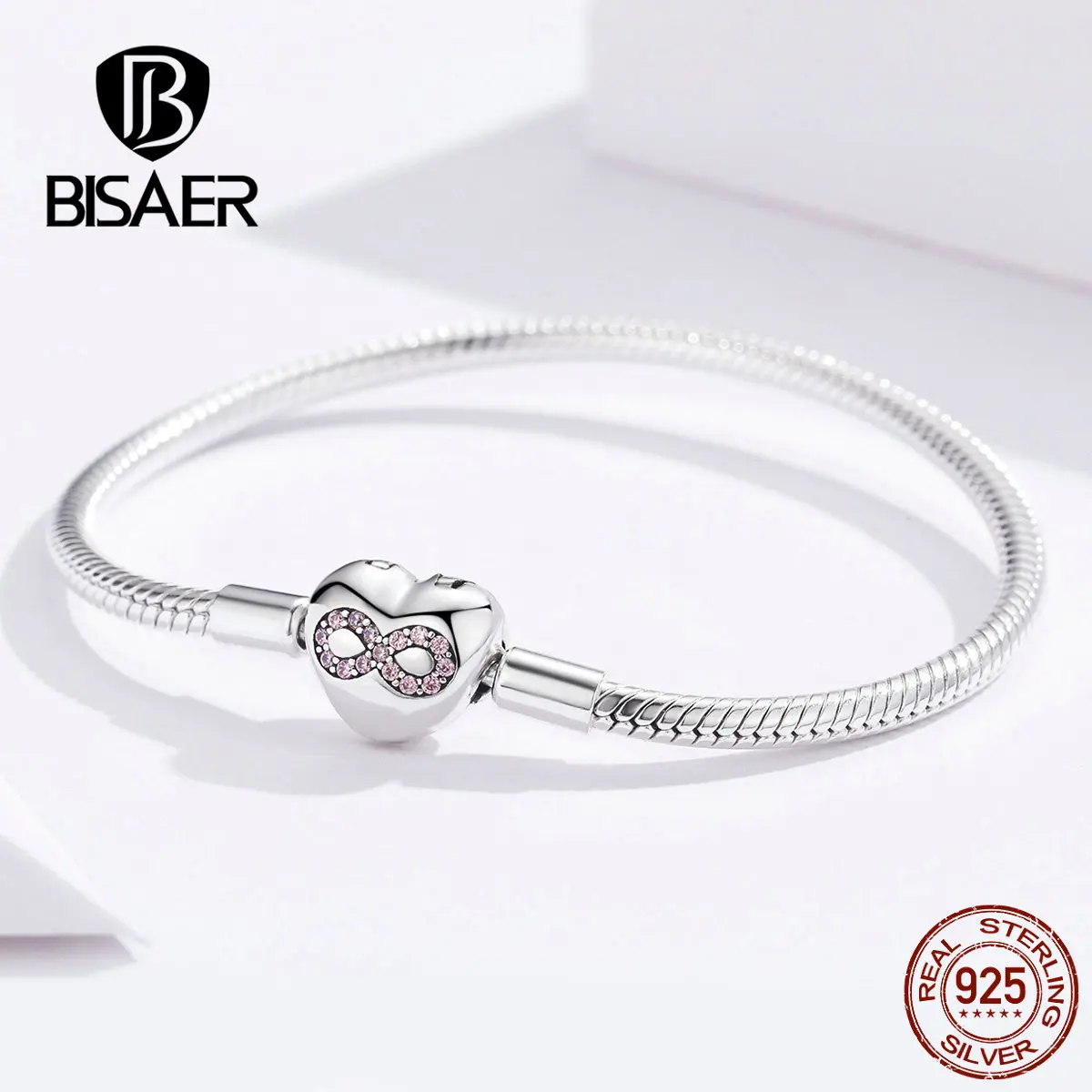 

BISAER 925 Sterling Silver Pink 8 Shape Zirconia Heart of Eternity Charms Bracelet For Women Fashion Jewelry DIY Making GXB142