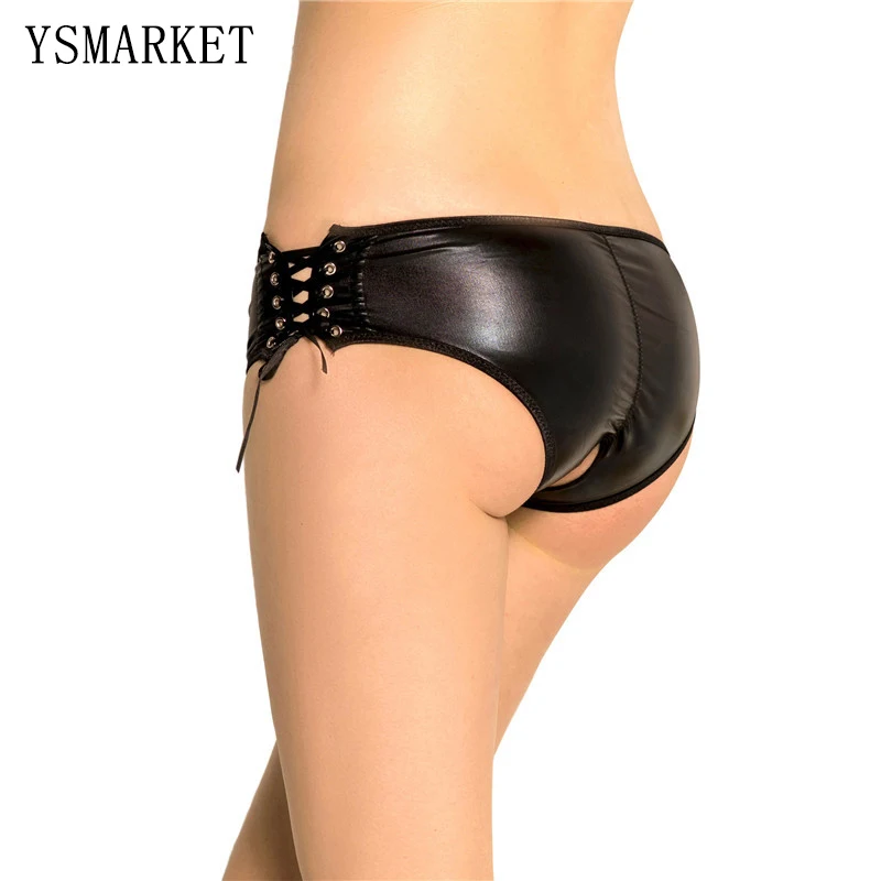 sexy pu faux leather erotica effetto bagnato pizzo slip hollow fuori a vita bassa donne mutandine