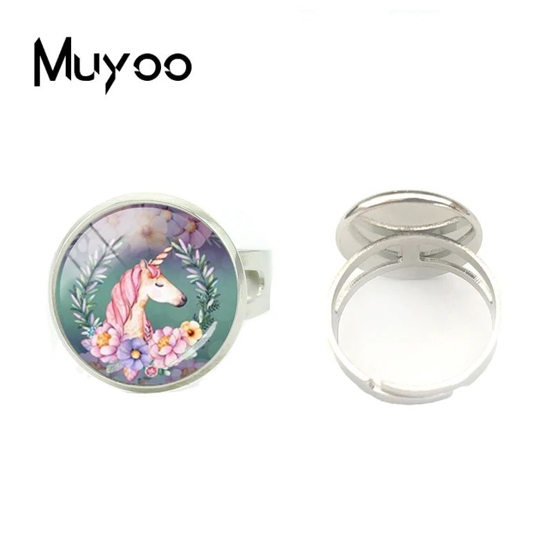 

2018 New Fashion Cartoon Unicorn Ring Glass Cabochon Adjustable Silver Rings Hand Craft Jewelry Best Gift For Girl Women
