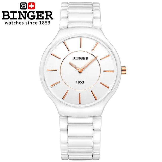 Switzerland BINGER Luxury Brand Wristwatches White Ceramic Quartz Women's Watch Lovers Style Sapphire Waterproof Watches Women - Цвет: Women 28mm