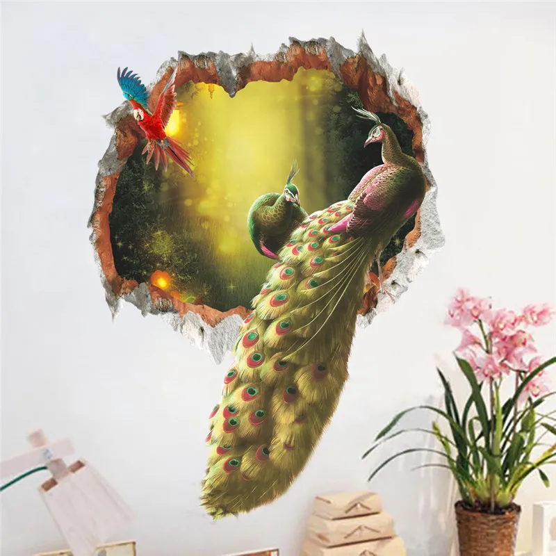 

Colourful Peacock Feathers Birds Wall Stickers 3d Broken Wall Decals Home Decor Art Decal Poster Animals Home Hotels Decor