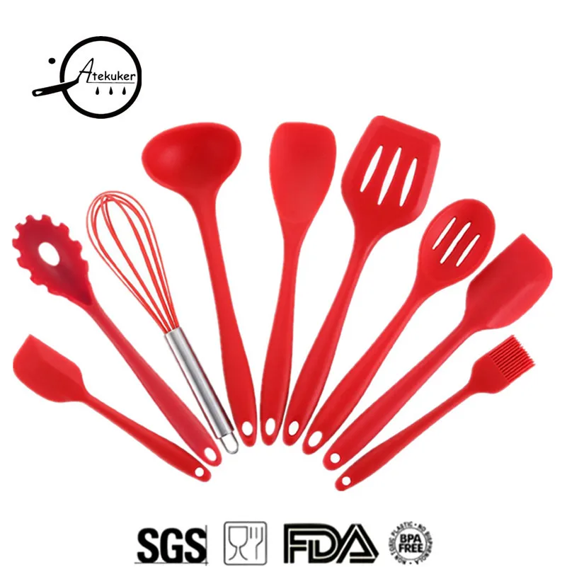 

Atekuker 9Pcs Silicone Kitchen Utensil Set Ladle Cream Scraper Slotted Turner Egg Beater Spaghetti Tools Cooking Utensils Set