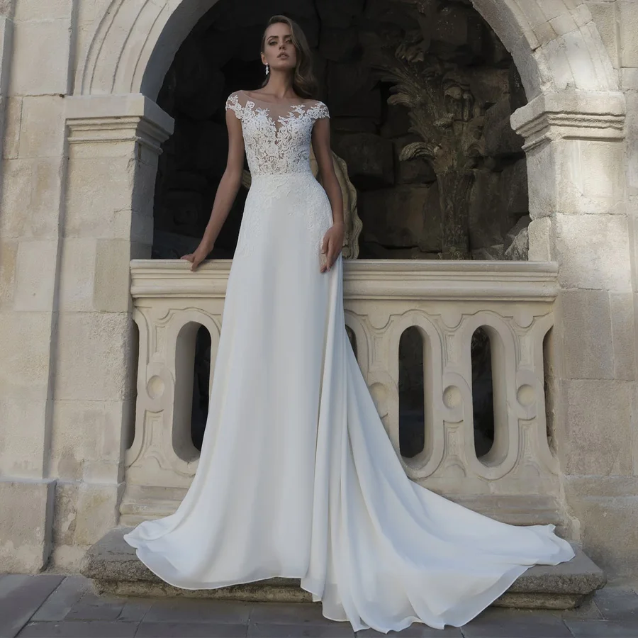 

SOFUGE Cheap Scoop Chiffon Wedding Dresses Cap Slevee Lace Applique Beach Boho Wedding Dress robe de mariee Custom Plus Size