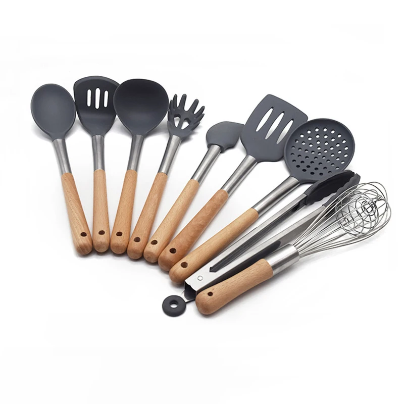 Silicone Cooking Utensils, kitchen utensils 9 pieces set with wood handles, heat resistant and nonstick