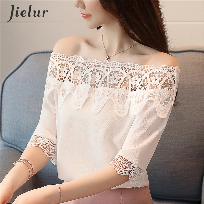 

Jielur 2019 Summer Lace Patchwork Women's Blouse Sexy Casual Korean Shirt Slash Neck Short Sleeve Female Tops Ladies Clothes XXL