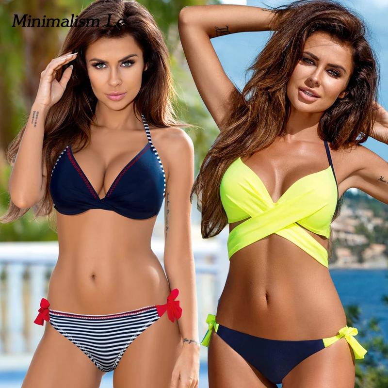 Minimalism Le Push Up Bikini 2018 Cross Patchwork Women Swimwear Swimsuit Halter Top Print Maillot Biquini Bathing Suits цена Minimalism Le Push Up Bikini 2018 Cross Patchwork Women Swimwear Swimsuit Halter Top Print Maillot Biquini Bathing Suits цены онлайн