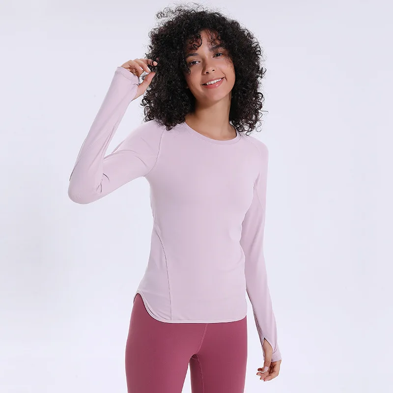 Imlario, реглан для тренировок, йоги, рубашки с длинным рукавом, с отверстиями для большого пальца, неровный подол, рубашка для фитнеса, спортивная одежда для женщин, топы для спортзала - Цвет: Pink