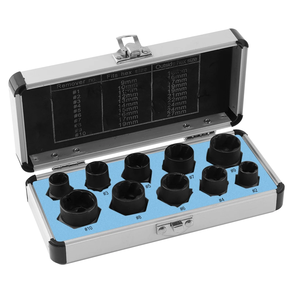 

10pcs/Box Nut Remover Kit Damaged Bolt Extractor Broken Screw Removal Socket Tool Screws Threading Removing Hand Tools Kit 9-19m
