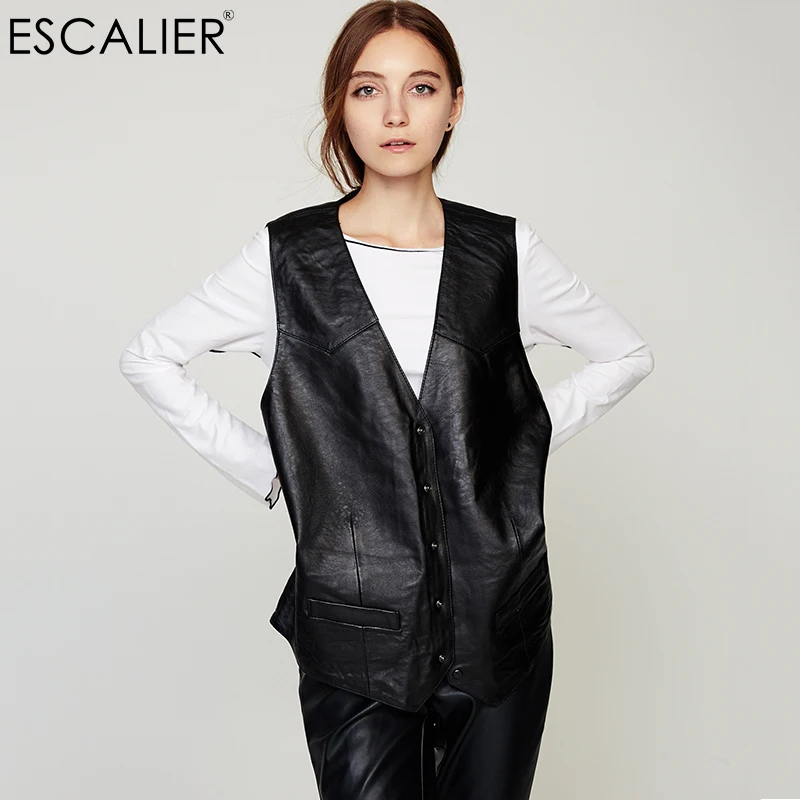 

ESCALIER Vest Sheepskin Women Sleeveless Button Vest Short Coat Solid Color V-Neck Collar Outwear For Female Autumn