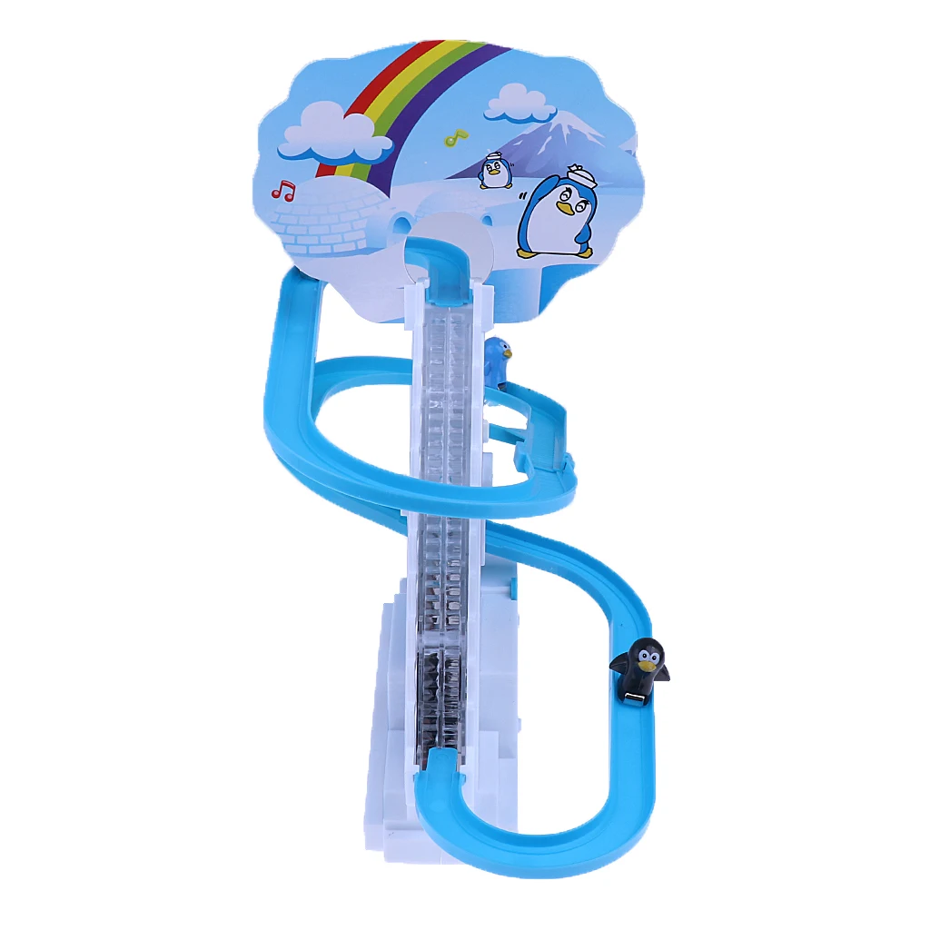 Plastic Blue Electric Climb Stairs Track Toys Track Sliding Toy With Light Music Small Penguin Kids Child Educational Toy Gift 