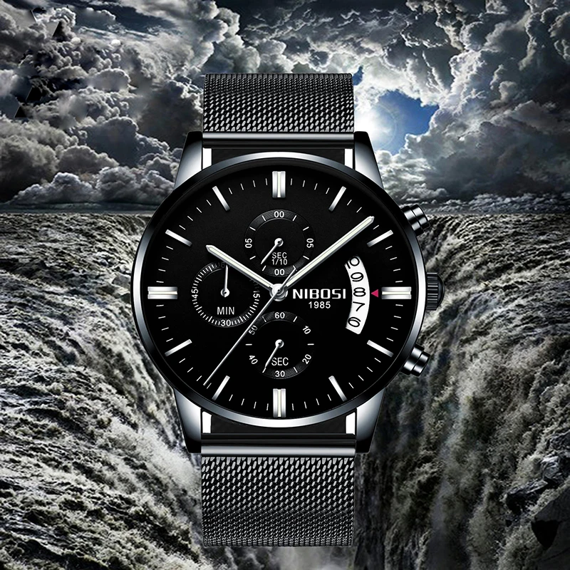 Montre Homme Marque De Luxe NIBOSI Top Brand Luxury Watches Men fashion Watch 2018 Mesh Band Chronograph Gold And Black Relogios (2)