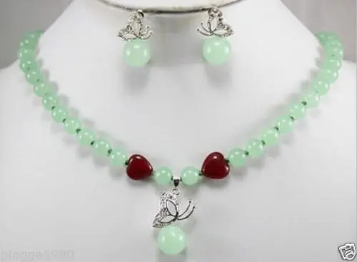 

Hot sell Noble- hot sell new - Beautiful jewelry green jade necklace butterfly pendant earrings setAA1222 NEW