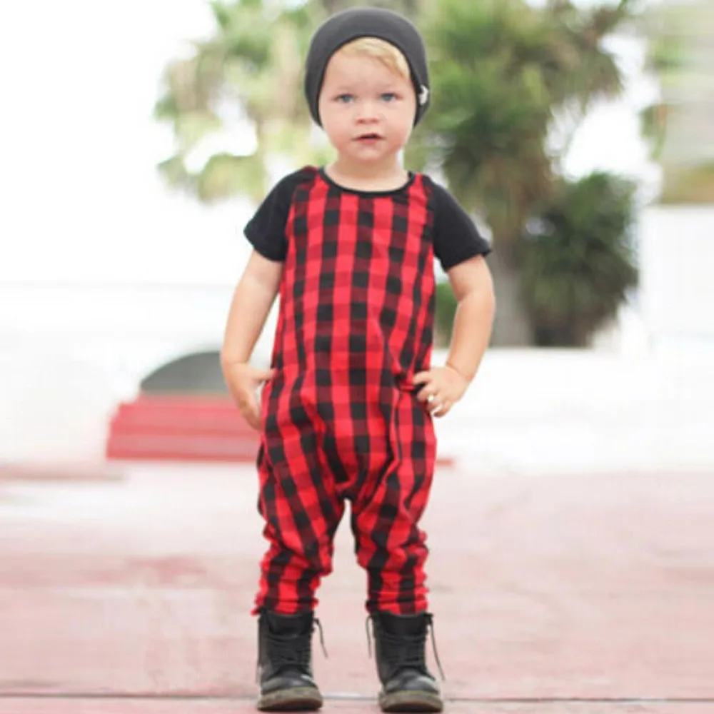 MUQGEW Toddler Kids Baby Boys Short Sleeve Plaid Jumpsuit Romper