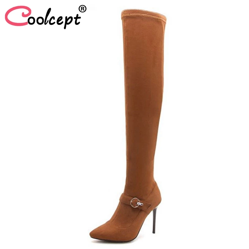 

Coolcept Plus Size 33-46 Office Lady High Heel Boots Buckle Thigh High Shoes Women Warm Winter Stretch Boots Over Knee Shoes