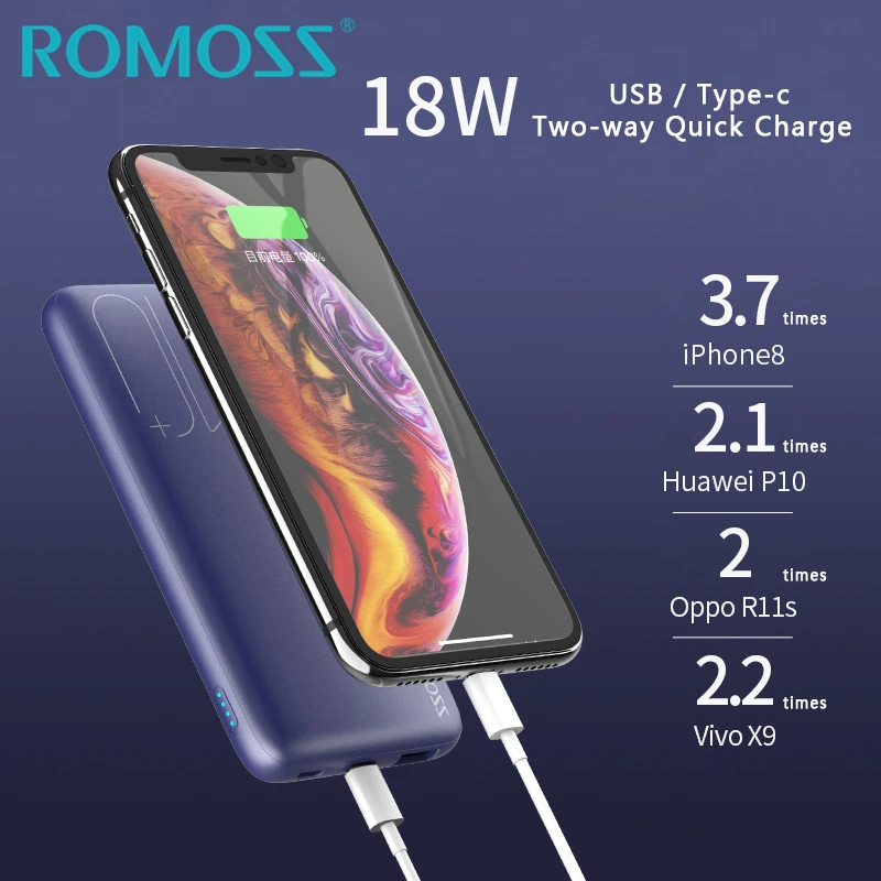 ROMOSS 10W cargador inalámbrico rápido banco de energía 10000mAh y 18W QC 30 carga rápida para iPho