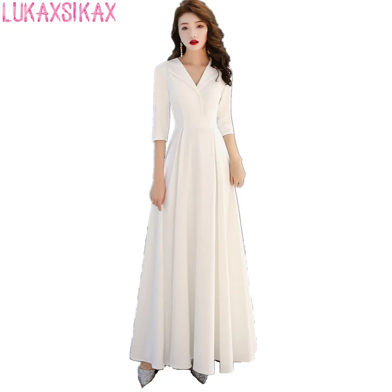

LUKAXSIKAX 2019 New Spring Summer Women Dress Sexy V-Neck Solid Color Elegant Long Dress Slim Party Dresses