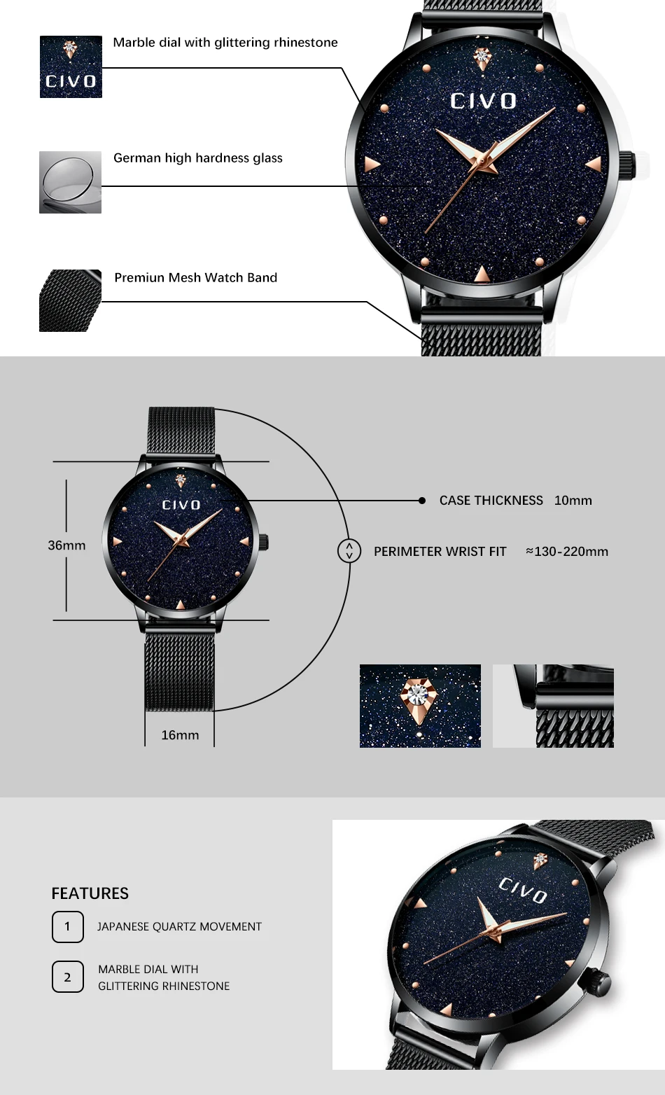 Relogio Feminino CIVO Лидирующий бренд женские часы водонепроницаемые аналоговые черные женские часы с браслетом Reloj Mujer