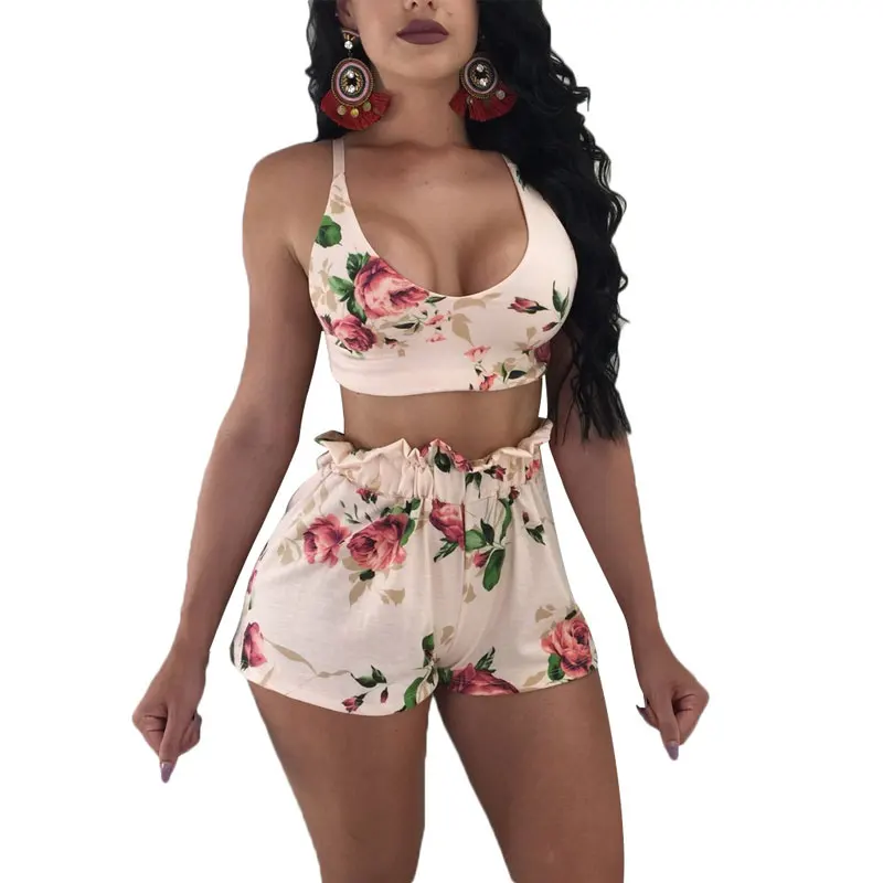 2018 Floral Printed Crop Top Set Suit Women Two Piece Summer 2 Sexy Outfit And Shorts Tracksuit | Женская одежда