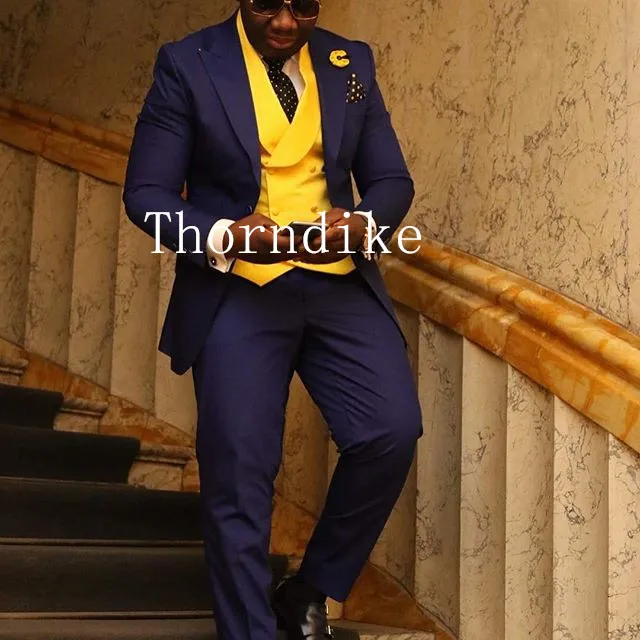 

Customize Peak Lapel Groom Tuxedos Navy Blue Men Suits Yellow Vest Wedding Prom Best Man Blazer (Jacket+Pants+Vest+Tie) Z578