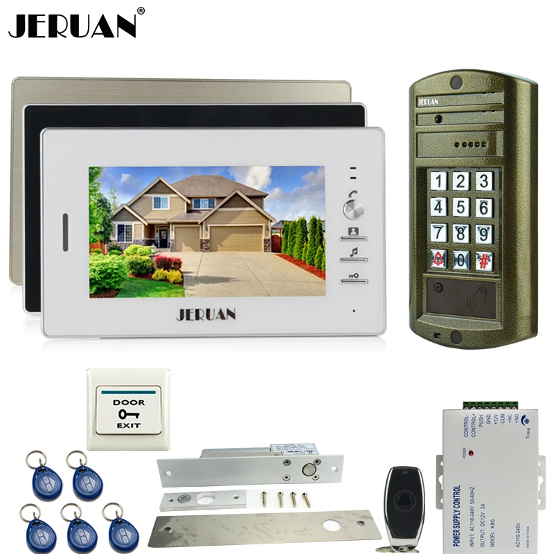 

JERUAN 7 inch Video Door Phone Intercom System kit 3 Monitor + Metal Waterproof Access HD Mini Camera +ELectric Drop Bolt lock