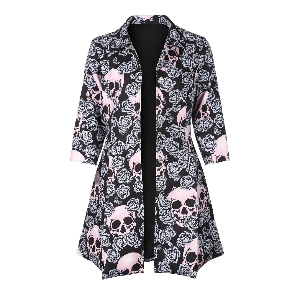 

Gothic skull jacket Women Winter Autumn rose pink elegant Jacket Mid-long Outerwear button plus size Gothic Jacket 2018 Coat HOT