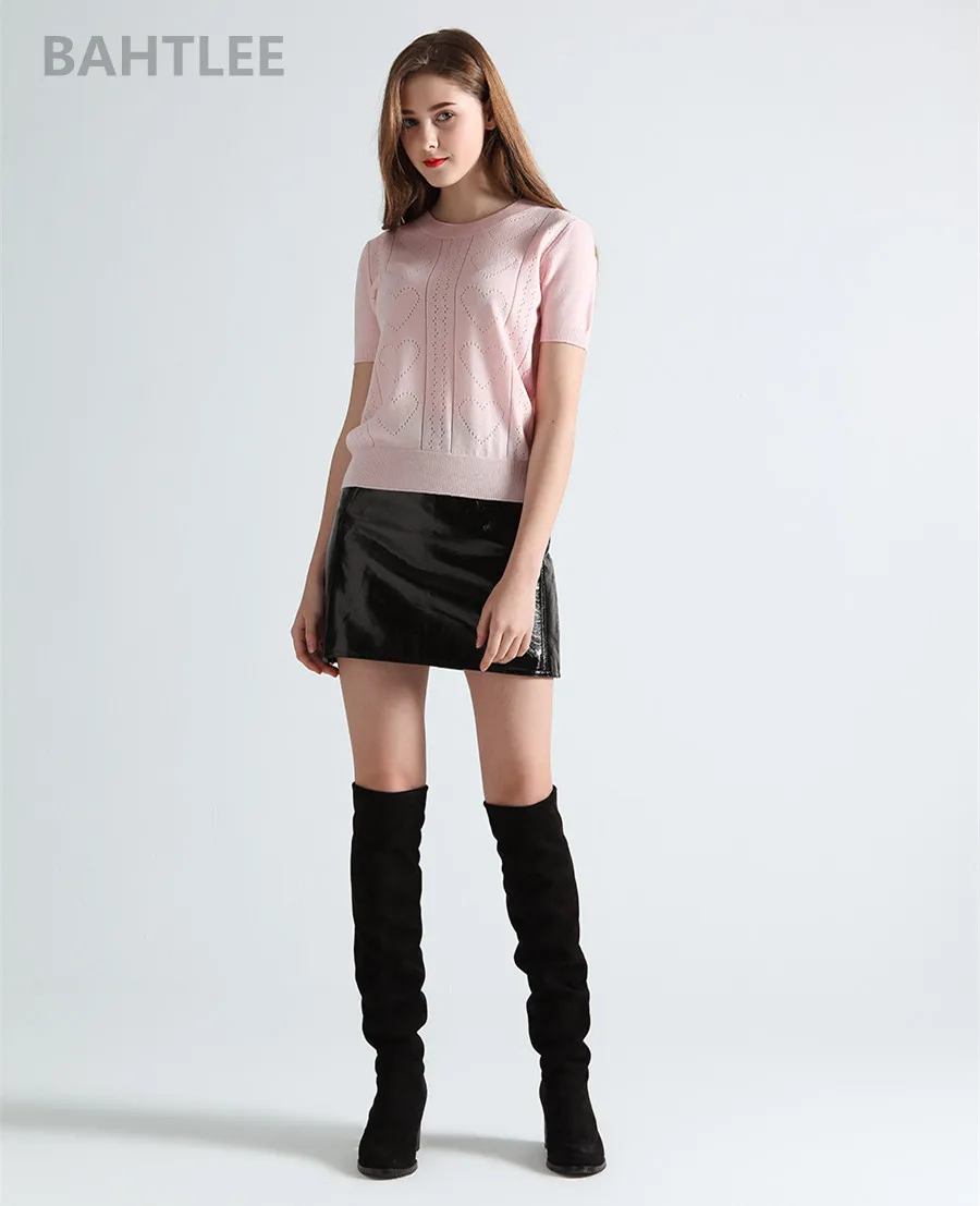 Bahtlee женская летняя футболка, джемпер с коротким рукавом, вязаный пуловер, свитер с О-образным вырезом, дизайнерский, вентиляционный, розовый цвет
