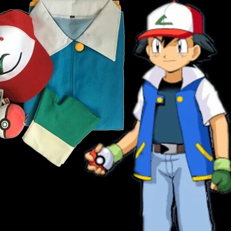 Go Ash Ketchum Trainer Costume Cosplay Jacket Gloves Hat Ash Ketchum 