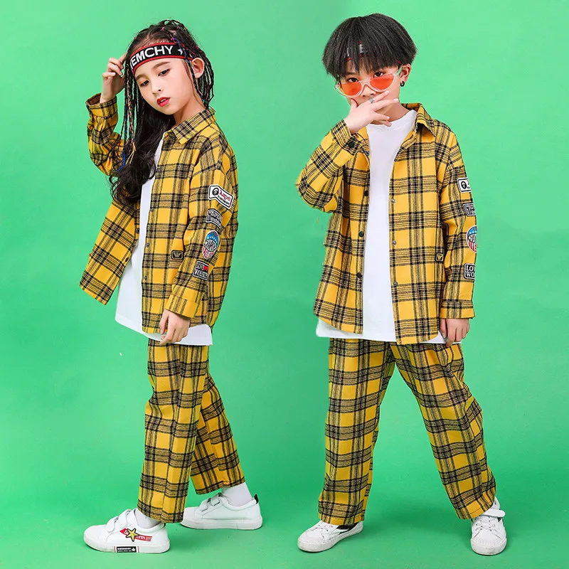 2019 New Children Hip-hop Street Dance Performance Costume Autumn Boys Girls Loose Jazz Dance Show Yellow Plaid Shirt Pants Set (14)