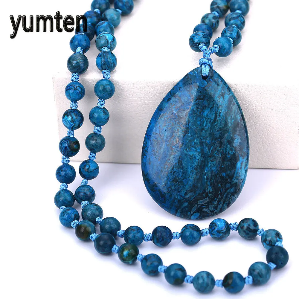 

Yumten Blue Turquoise Pendant For Women Gemstone Listing Ladies Statement Necklace Stone Beads Chain Pendentif Pierre Naturelle