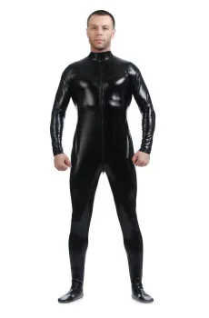 Sexy Male Front Zipper METALLIC Wet Look Shiny Lycra Second Skin Spandex Full Body Catsuit Bodysuit Zentai Suit Fetish Costume