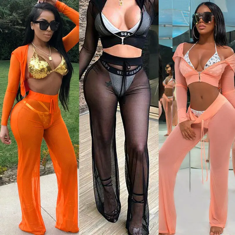 

New Sexy Ruffle Women Beach Mesh Pants Sheer Wide Leg Pants Transparent See through Sea Holiday Cover Up Bikini Trouser Pantalon