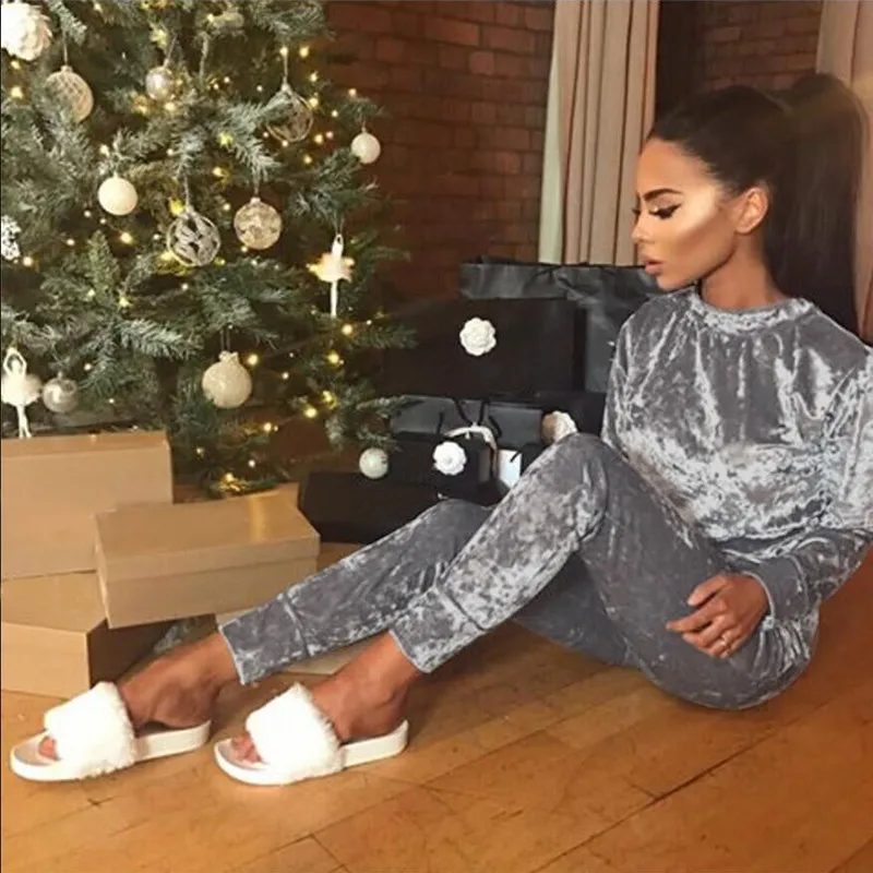 

2017 Autumn Winter Women Tracksuit Velvet Hoodies + Pants 2 Pieces Female Casual Tracksuit Velour Fashion Pullovers Sweatshirts