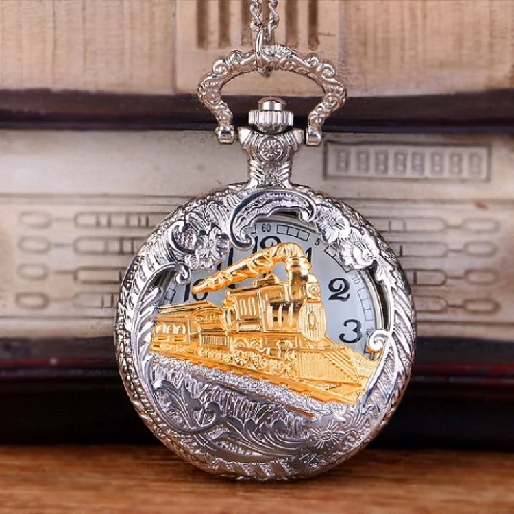 Винтажные карманные часы в стиле стимпанк с золотым локомотивом и железным поездом для мужчин и женщин, Очаровательное ожерелье с подвесками, часы Relogio Bolso - Цвет: Silver