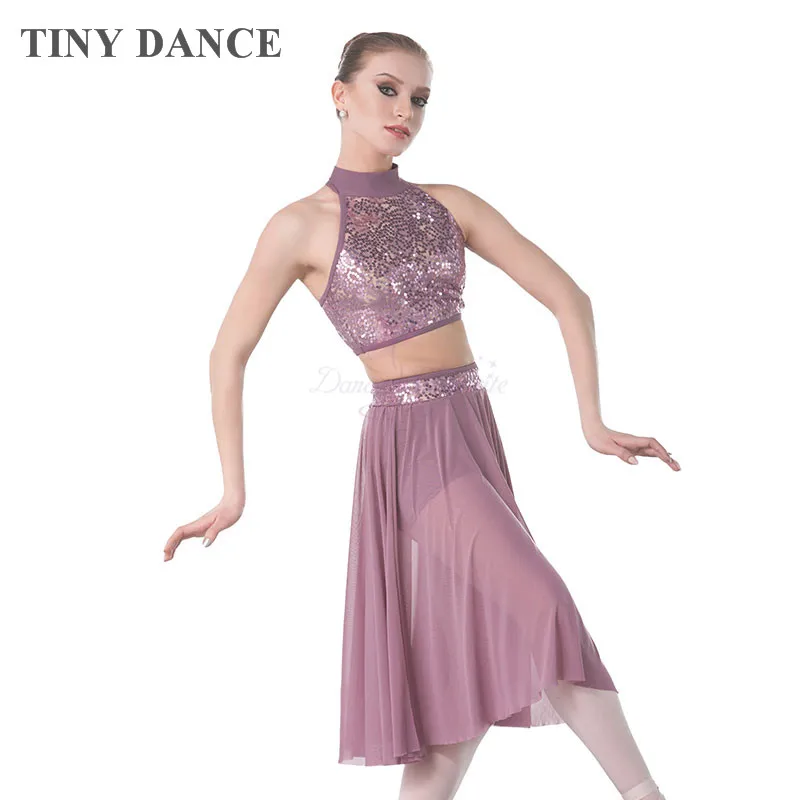 

Purple Grey Sequin Lace Bodice Lyrical & Contemporary Dance Costume for Child and Adult Halter Neck Ballet Dancing Dress 18005