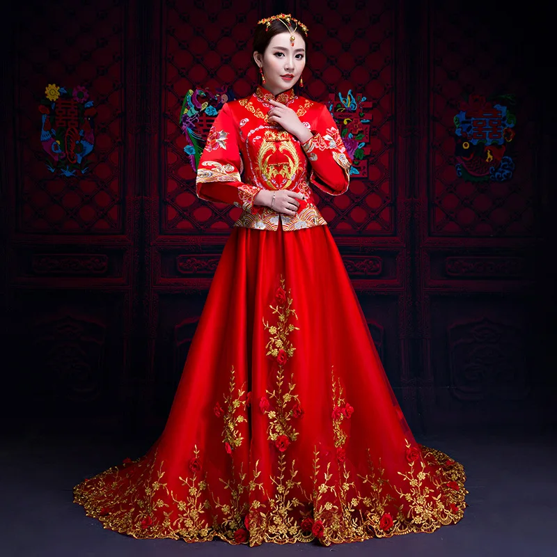Красный Традиционный китайский стиль невесты Свадебные платья вышивка cheongsam халат Вечерние вечернее платье жениться Qipao Vestido S-3XL