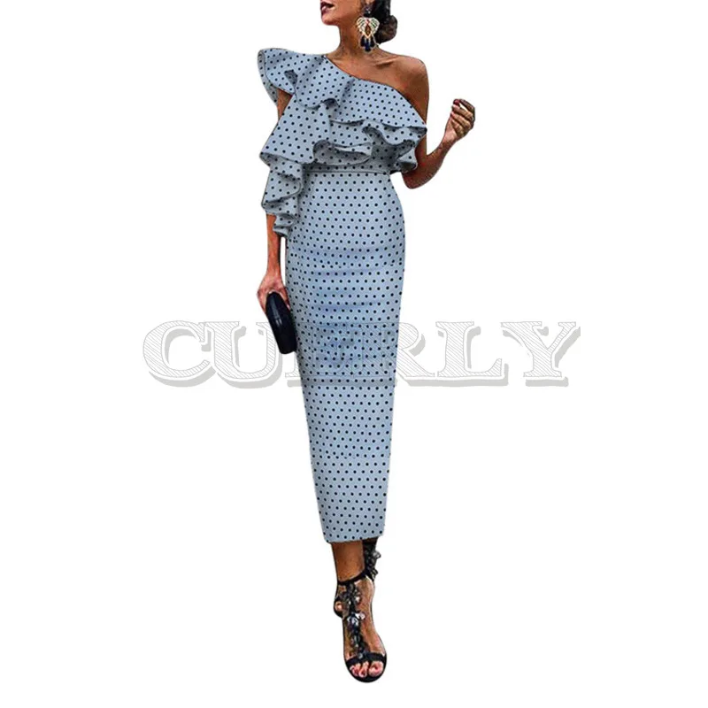 Image Long Vintage Dress Women Plus Size Ruffle One Shoulder Sexy Party Dress Women Slim Pencil Dress Dot Bule Red Dresses 2019 XXXL