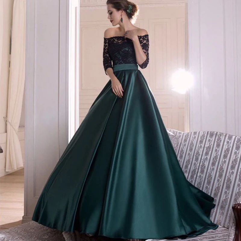 dark green off the shoulder prom dress