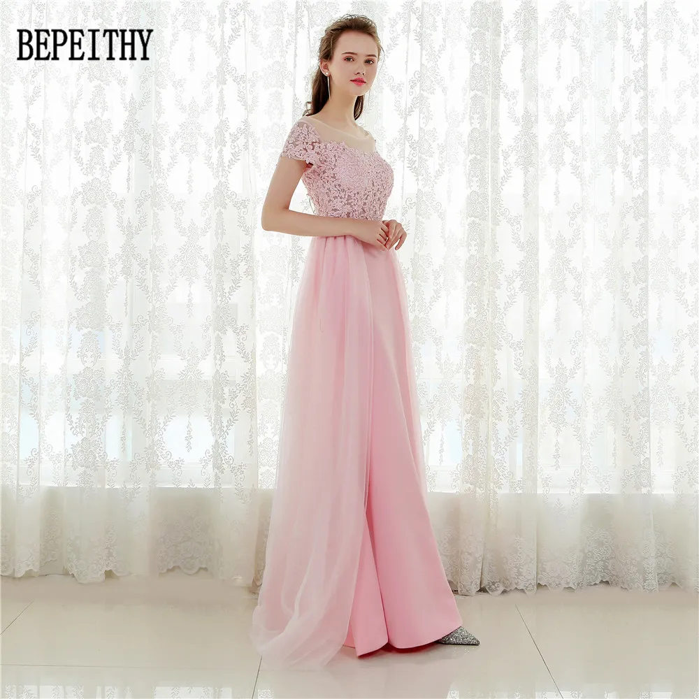 02  BEPEITHY Vestido De Festa Short Sleeves Pink Chiffon Long Prom Dresses Mermaid Evening Dress Party Elegant 2017 (4)