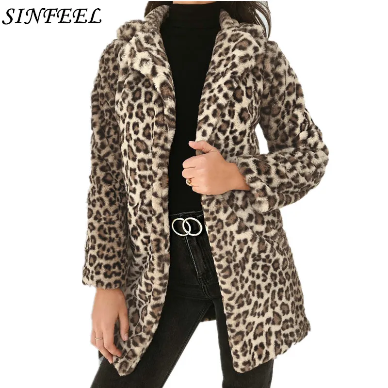 

SINFEEL Fashion Women Ladies Leopard Print Faux Fur Plush Wool Coat Jacket Winter Warm Outerwear Streetwear casaco feminino