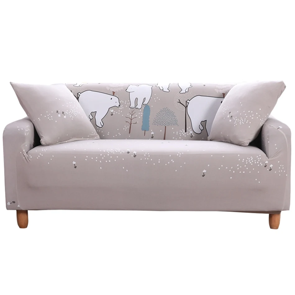 Gray Cartoon Universal Stretch Sofa Cover Printed with the polar bear