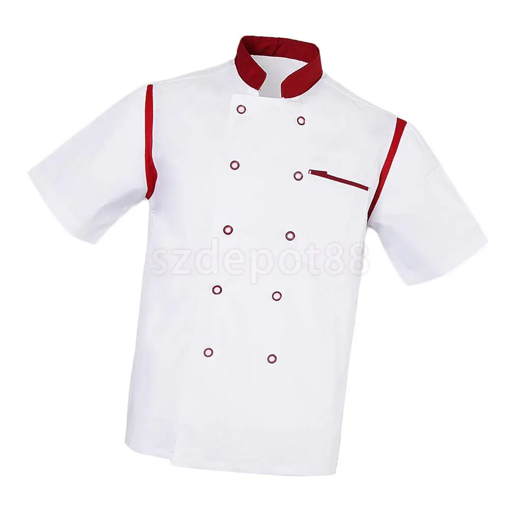 Unisex Chef Jacket White Red Air Mesh Short Sleeve Double Breasted Hotel Kitchen Catering Chefwear Coat Uniform Shirt Tops