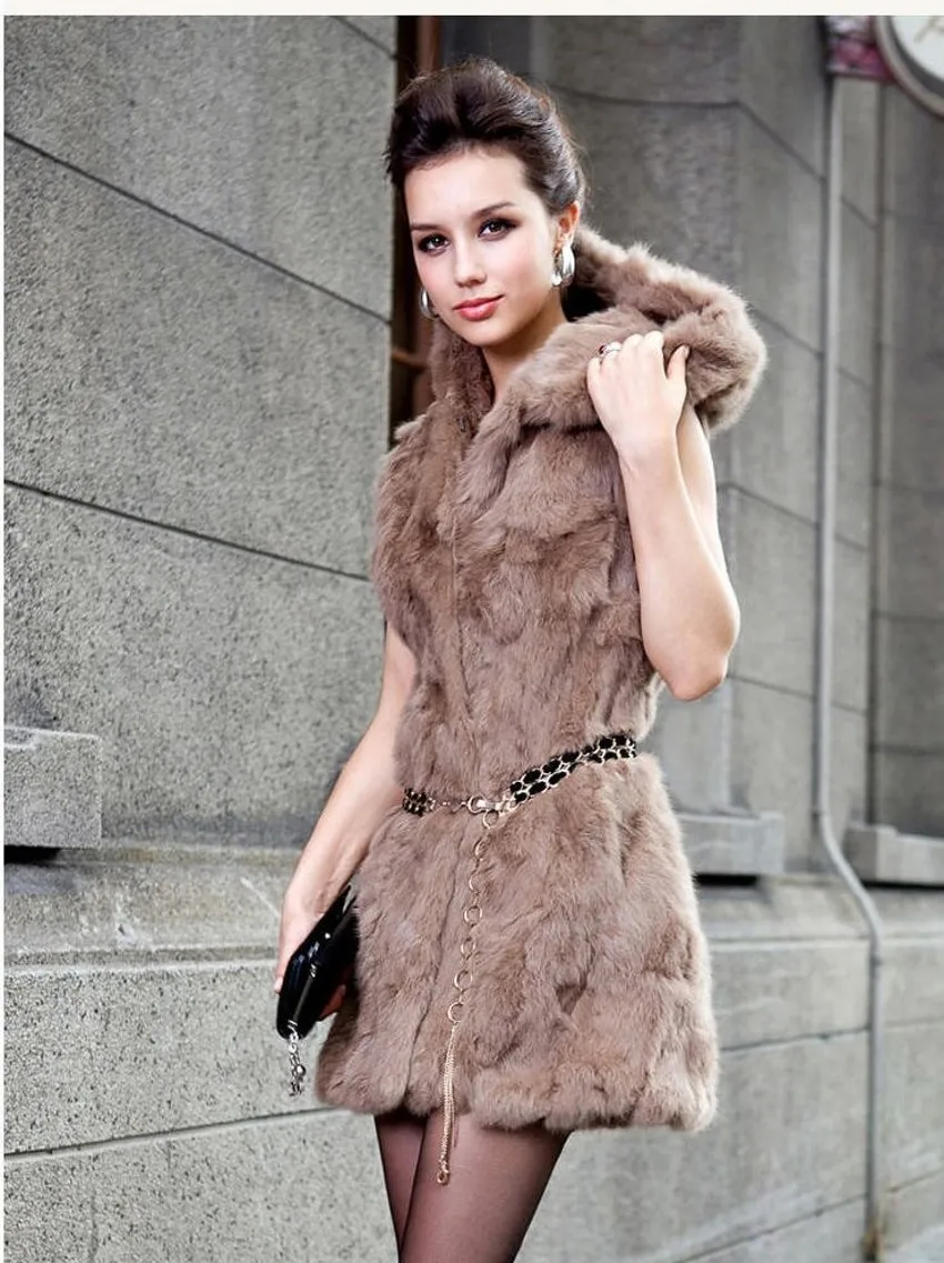 

Free shipping Fur vest woman's rabbit fur vest long big yards vest rabbit fur jacket with hood Vest customized