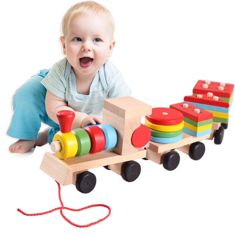 

Baby Wooden Toys Trailer Stacking Shape Geometry Train Colorful Congnitive Educational Blocks Gifts For Children M09